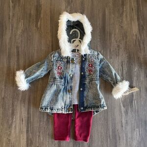 Little Lass - Blue Jean Jacket with White Faux Fur with T-shirt and Leggings